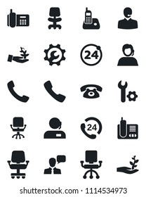 Set of vector isolated black icon - 24 around vector, office chair, phone, hours, support, speaker, radio, call, root setup, palm sproute