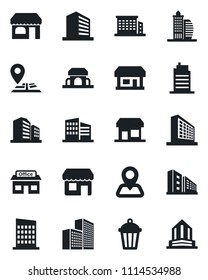 Set of vector isolated black icon - shop vector, office building, garden light, navigation, store, city house, cafe, storefront