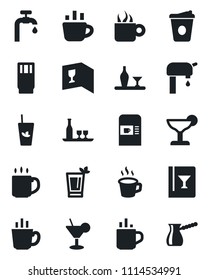 Set of vector isolated black icon - hot cup vector, coffee machine, water supply, alcohol, wine card, drink, cocktail, phyto bar, turkish