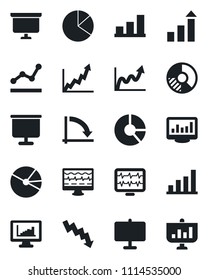 Set of vector isolated black icon - growth statistic vector, presentation board, crisis graph, circle chart, monitor pulse, statistics, bar, pie, point