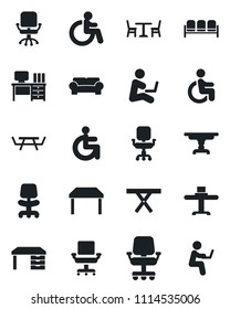 Set of vector isolated black icon - cafe vector, waiting area, disabled, office chair, desk, picnic table, cushioned furniture, restaurant, man with notebook