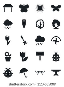 Set of vector isolated black icon - umbrella vector, sun, flower in pot, ripper, tree, butterfly, lady bug, rain, plant label, picnic table, tulip