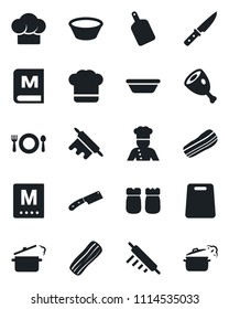 Set of vector isolated black icon - cook vector, cafe, hat, menu, bacon, salt and pepper, ham, bowl, rolling pin, cutting board, knife, steaming pan