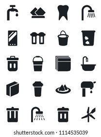 Set of vector isolated black icon - trash bin vector, shower, bucket, tooth, mobile, blank box, water supply, bathroom, serviette, filter, windmill