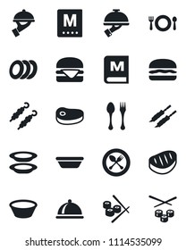 Set of vector isolated black icon - spoon and fork vector, dish, cafe, menu, plates, waiter, steak, kebab, hamburger, bowl, sushi