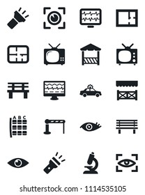 Set of vector isolated black icon - barrier vector, alarm car, seat map, bench, monitor pulse, microscope, eye, torch, plan, tv, alcove, scan