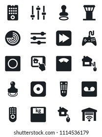 Set of vector isolated black icon - airport tower vector, stamp, radar, scales, gamepad, remote control, fast forward, rec button, tuning, record, home, app, garage gate