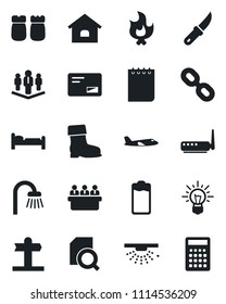 Set of vector isolated black icon - bed vector, plane, notepad, meeting, boot, fire, garden knife, signpost, chain, battery, mail, document search, company, house, bathroom, salt and pepper, router