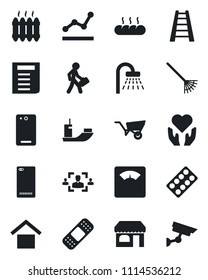 Set of vector isolated black icon - shop vector, shower, document, rake, ladder, wheelbarrow, scales, pills blister, patch, heart hand, sea shipping, warehouse storage, phone back, hr, point graph