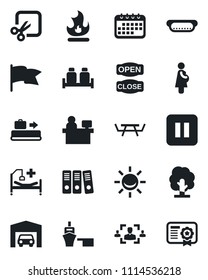 Set of vector isolated black icon - baggage conveyor vector, manager place, tree, fire, picnic table, hospital bed, pregnancy, sea port, pause button, cut, hr, paper binder, garage, salt and pepper
