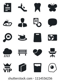 Set of vector isolated black icon - escalator vector, vip, document reload, butterfly, rain, bench, diagnosis, tooth, client, search cargo, heart, message, office chair, blank box, pond, drink