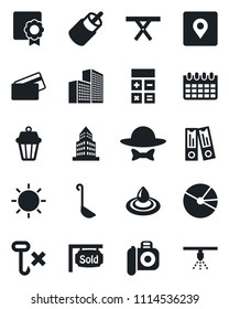 Set of vector isolated black icon - calculator vector, office binder, calendar, sun, picnic table, no hook, camera, rca, place tag, sertificate, building, pie graph, sold signboard, dress code