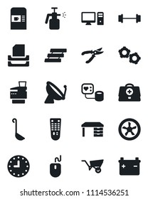 Set of vector isolated black icon - satellite antenna vector, coffee machine, gear, mouse, desk, wheelbarrow, pruner, garden sprayer, doctor case, blood pressure, barbell, clock, remote control, fan