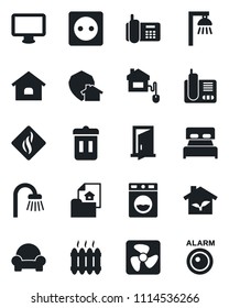 Set of vector isolated black icon - office phone vector, monitor, radio, house, estate document, bedroom, bathroom, cushioned furniture, heater, home control, eco, socket, fan, washer, outdoor lamp