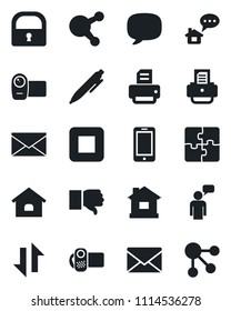 Set of vector isolated black icon - mobile phone vector, speaking man, mail, pen, printer, house, video camera, share, finger down, stop button, message, data exchange, lock, application, home