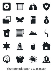 Set of vector isolated black icon - sun vector, mouse, coffee, tree, butterfly, house, sickle, heart shield, lungs, folder document, rec button, office building, mountains, jalousie, police, fridge