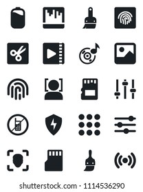 Set of vector isolated black icon - no mobile vector, menu, gallery, protect, tuning, themes, scanner, sd, cut, face id, fingerprint, music, video, battery, wireless