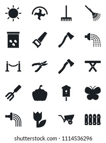 Set of vector isolated black icon - fence vector, garden fork, ripper, rake, wheelbarrow, watering, pruner, saw, butterfly, sun, axe, pumpkin, seeds, picnic table, bird house, tulip
