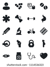 Set of vector isolated black icon - stethoscope vector, blood pressure, thermometer, microscope, pills, bottle, blister, tomography, ambulance star, barbell, bike, stomach, eye, joint, broken bone