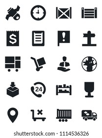 Set of vector isolated black icon - signpost vector, earth, pin, important flag, satellite, 24 hours, client, truck trailer, clock, receipt, container, consolidated cargo, clipboard, fragile, rack