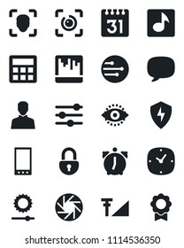 Set of vector isolated black icon - mobile vector, message, camera, protect, tuning, user, calculator, clock, alarm, scanner, network, calendar, brightness, lock, face id, eye, music, sertificate