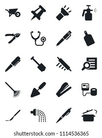 Set of vector isolated black icon - document search vector, pen, drawing pin, job, trowel, rake, wheelbarrow, watering, pruner, garden sprayer, stethoscope, blood pressure, scalpel, torch, stapler
