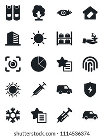 Set of vector isolated black icon - sun vector, luggage storage, office building, book, tree, syringe, eye, favorites list, protect, id, fingerprint, pie graph, smart home, snowflake, palm sproute