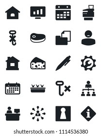 Set of vector isolated black icon - female vector, hierarchy, pen, manager place, statistic monitor, house, seedling, patient, term, folder document, no hook, calendar, root setup, copier, steak