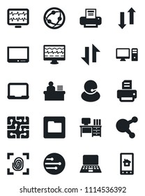 Set of vector isolated black icon - desk vector, notebook pc, printer, monitor pulse, support, tv, network, share, folder, data exchange, manager, chip, fingerprint, home control app