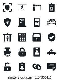 Set of vector isolated black icon - barrier vector, security gate, alarm car, shield, chain, protect, lock, face id, identity card, stamp, vip zone, home control app, combination, pass, sprinkler
