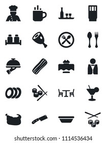Set of vector isolated black icon - hot cup vector, spoon and fork, cafe, waiter, cook, alcohol, restaurant table, drink, cocktail, plates, bacon, salt pepper, chicken, ham, bowl, knife, sushi