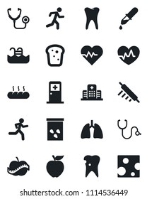 Set of vector isolated black icon - medical room vector, seeds, heart pulse, stethoscope, dropper, run, lungs, tooth, caries, diet, hospital, pool, bread, rolling pin, apple fruit, cheese