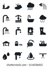 Set of vector isolated black icon - shower vector, watering, boot, water drop, rain, well, hose, pond, sea shipping, port, pool, supply, warehouse, bathroom, heater, sprinkler
