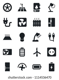 Set of vector isolated black icon - bulb vector, ripper, battery, rca, desk lamp, heater, air conditioner, fridge, socket, power plug, fan, water, warm floor, windmill