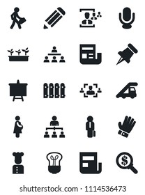 Set of vector isolated black icon - ladder car vector, hierarchy, presentation board, pencil, glove, seedling, pregnancy, microphone, paper pin, news, hr, manager, fence, cook, bulb, money search