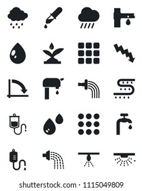 Set of vector isolated black icon - crisis graph vector, watering, water drop, rain, drip irrigation, dropper, menu, supply, sprinkler