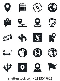 Set of vector isolated black icon - globe vector, seat map, route, navigation, earth, pin, mobile tracking, network, place tag, compass, flag