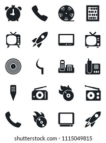 Set of vector isolated black icon - alarm clock vector, tv, abacus, sickle, plant label, reel, vinyl, flame disk, radio, phone, call, office, rocket