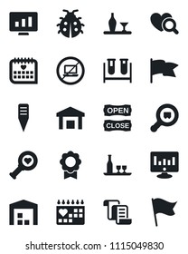 Set of vector isolated black icon - no laptop vector, contract, statistic monitor, lady bug, plant label, blood test vial, heart diagnostic, medical calendar, warehouse, search cargo, sertificate