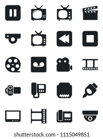 Set of vector isolated black icon - clapboard vector, film frame, reel, tv, video camera, pause button, stop, rewind, hdmi, record, web, intercome, surveillance