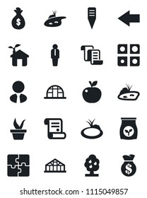 Set of vector isolated black icon - left arrow vector, manager, contract, seedling, plant label, greenhouse, pond, fertilizer, application, fruit tree, estate agent, apple, eco house, money bag