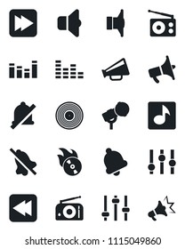 Set of vector isolated black icon - vinyl vector, flame disk, microphone, radio, speaker, loudspeaker, settings, equalizer, fast forward, rewind, tuning, bell, mute, music, sound, advertising