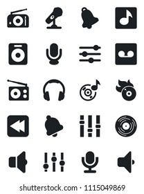 Set of vector isolated black icon - vinyl vector, flame disk, microphone, radio, settings, headphones, speaker, rewind, tuning, bell, record, music, sound