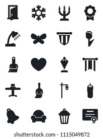 Set of vector isolated black icon - pennant vector, butterfly, garden light, heart, tulip, themes, bell, certificate, desk lamp, cushioned furniture, restaurant table, candle, snowflake, door