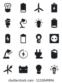 Set of vector isolated black icon - bulb vector, battery, low, charge, desk lamp, windmill, socket, power plug, energy saving, idea