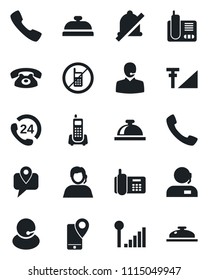 Set of vector isolated black icon - no mobile vector, reception bell, office phone, 24 hours, support, tracking, radio, call, mute, cellular signal
