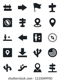 Set of vector isolated black icon - elevator vector, escalator, signpost, right arrow, left, radar, route, pin, download, place tag, compass, flag, guidepost