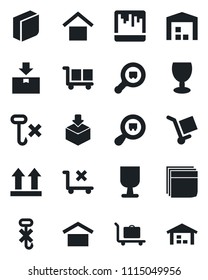 Set of vector isolated black icon - baggage trolley vector, fragile, cargo, warehouse storage, up side sign, no, hook, package, search, scanner, blank box