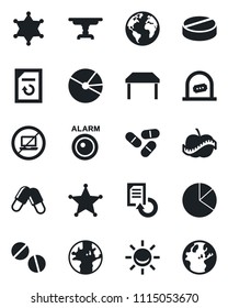 Set of vector isolated black icon - no laptop vector, ticket office, document reload, pills, diet, earth, pie graph, table, police, alarm led