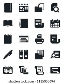 Set of vector isolated black icon - contract vector, book, document search, pen, notepad, calendar, printer, folder, news, copybook, schedule
